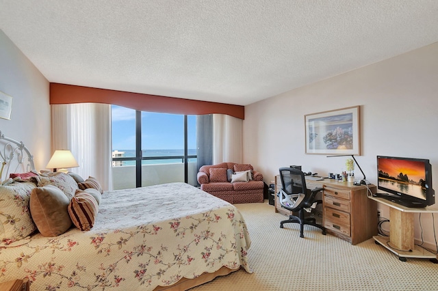 carpeted bedroom with a textured ceiling and access to exterior