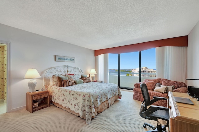 carpeted bedroom featuring ensuite bath, a water view, a textured ceiling, and access to outside