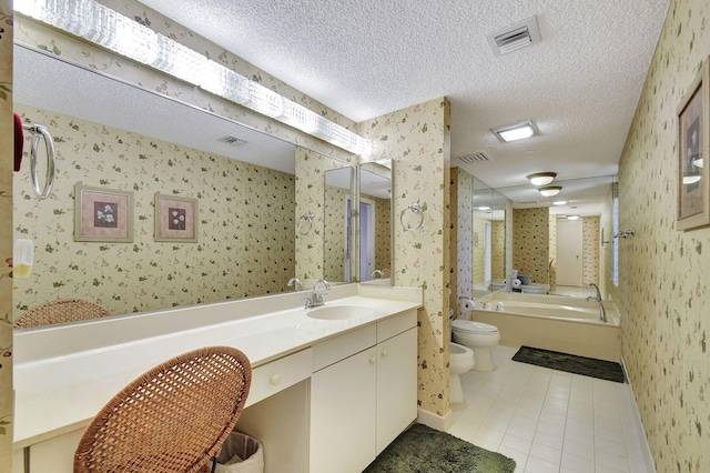 4000 N Ocean Dr Unit 2401, Singer Island, FL 33404 - bathroom with wallpapered walls, a textured ceiling, a bidet, a garden tub, and tile patterned flooring