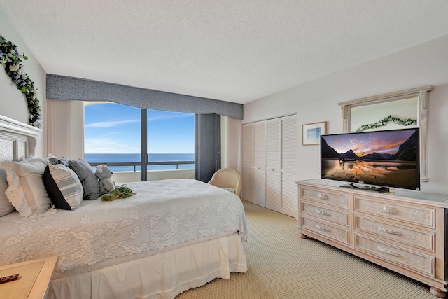 carpeted bedroom with a textured ceiling and a closet