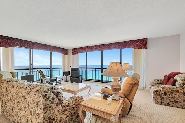 living room featuring a textured ceiling, a water view, and light carpet