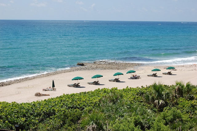 property view of water featuring a beach view