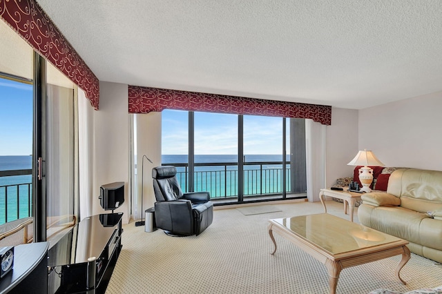 living room with a textured ceiling, carpet, and a water view