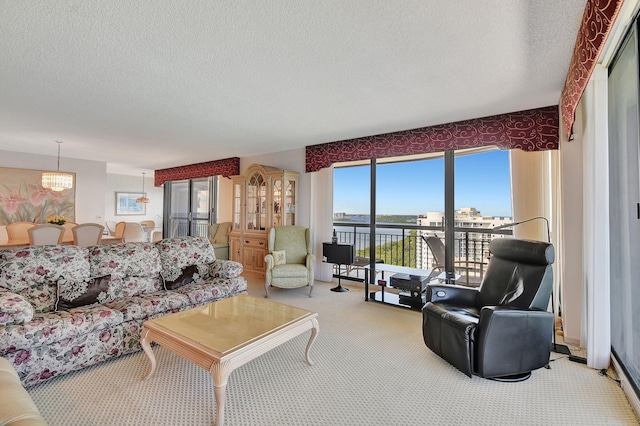 living room with a textured ceiling and carpet