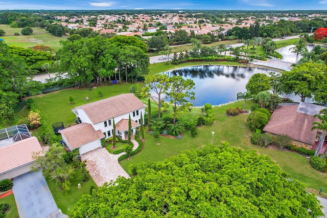 bird's eye view with a water view