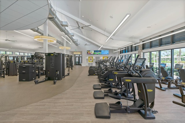 workout area with ceiling fan, hardwood / wood-style flooring, and high vaulted ceiling