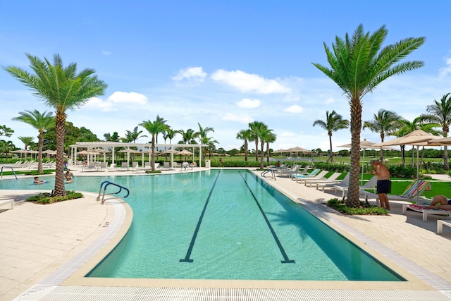 view of swimming pool featuring a patio area