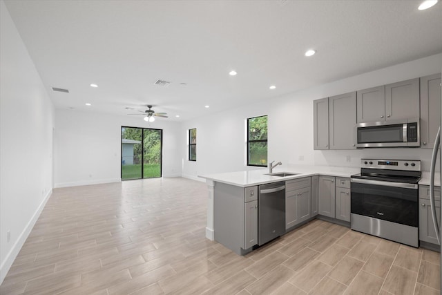 kitchen with gray cabinetry, sink, kitchen peninsula, light hardwood / wood-style floors, and stainless steel appliances