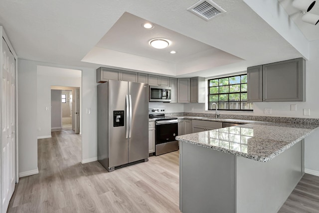 kitchen featuring gray cabinets, kitchen peninsula, light hardwood / wood-style flooring, and stainless steel appliances