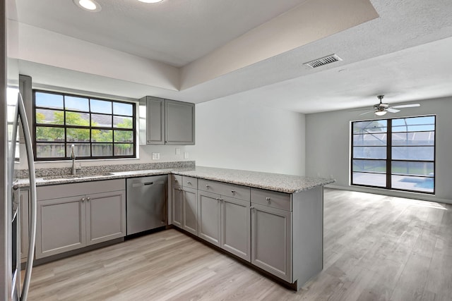 kitchen featuring a healthy amount of sunlight, stainless steel dishwasher, sink, and kitchen peninsula