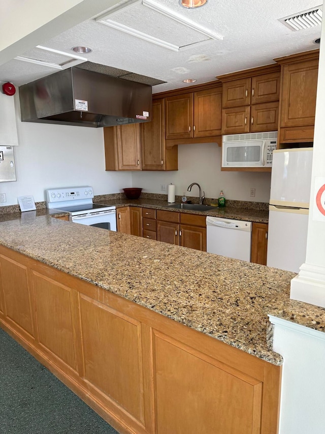 kitchen featuring light stone counters, carpet flooring, sink, wall chimney range hood, and white appliances