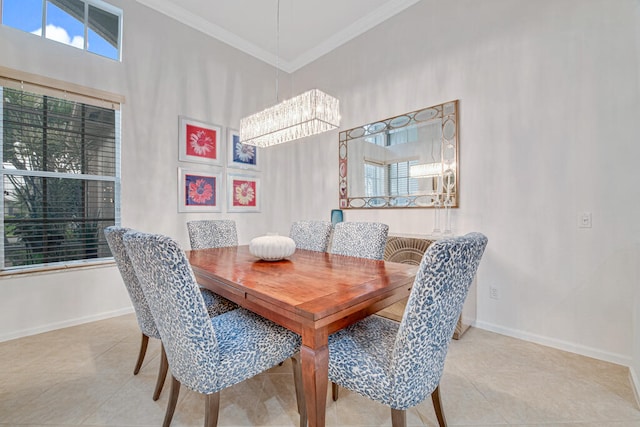 tiled dining room with ornamental molding, high vaulted ceiling, and a notable chandelier