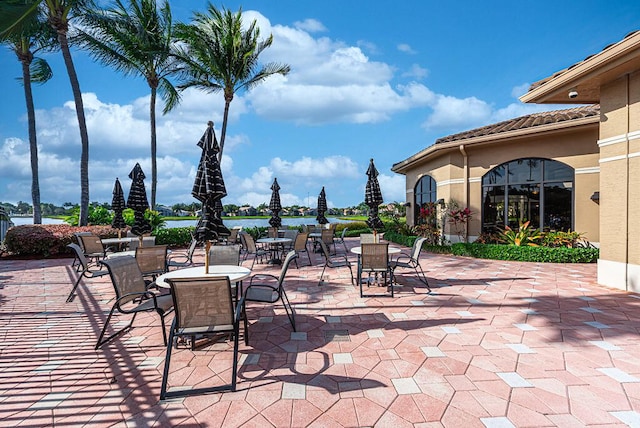 view of patio featuring a water view