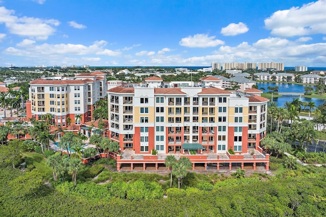 drone / aerial view featuring a water view