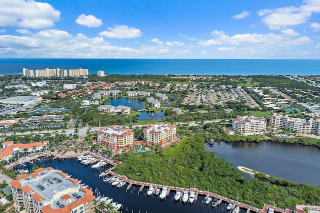 drone / aerial view featuring a water view