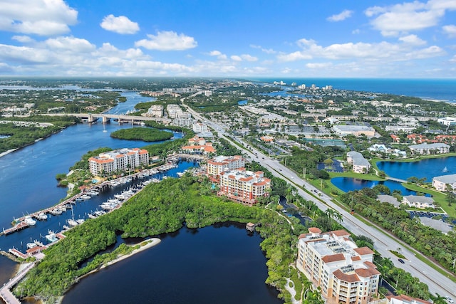 drone / aerial view with a water view