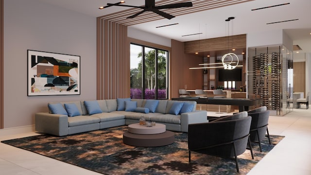 living room with tile patterned flooring and ceiling fan