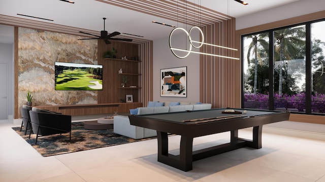 recreation room featuring pool table, tile patterned floors, and ceiling fan