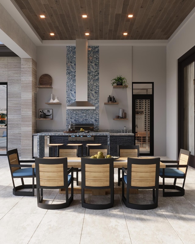 dining area with wooden ceiling and bar