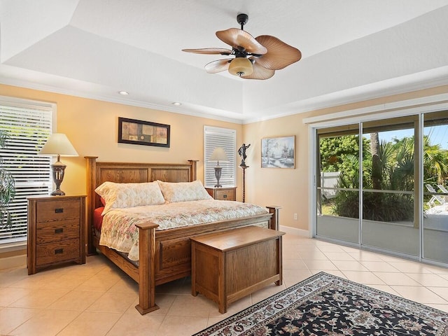 tiled bedroom featuring a raised ceiling, crown molding, access to outside, and ceiling fan