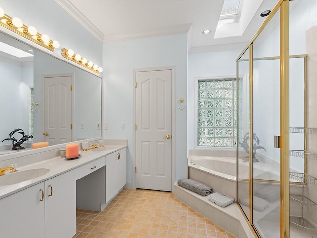 bathroom with a skylight, independent shower and bath, vanity, crown molding, and tile patterned floors