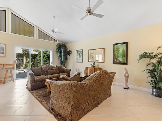 tiled living room with vaulted ceiling and ceiling fan