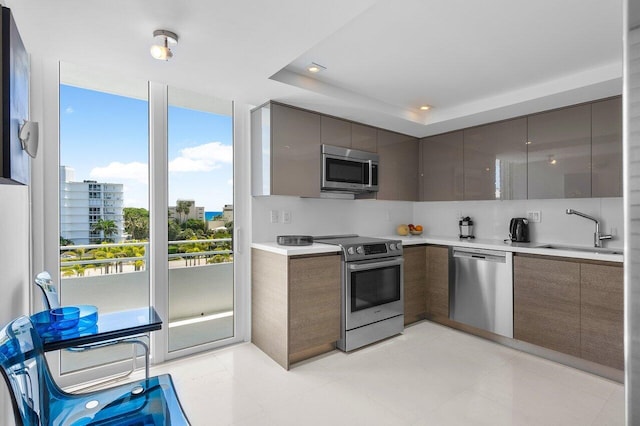 kitchen with appliances with stainless steel finishes, a tray ceiling, and sink