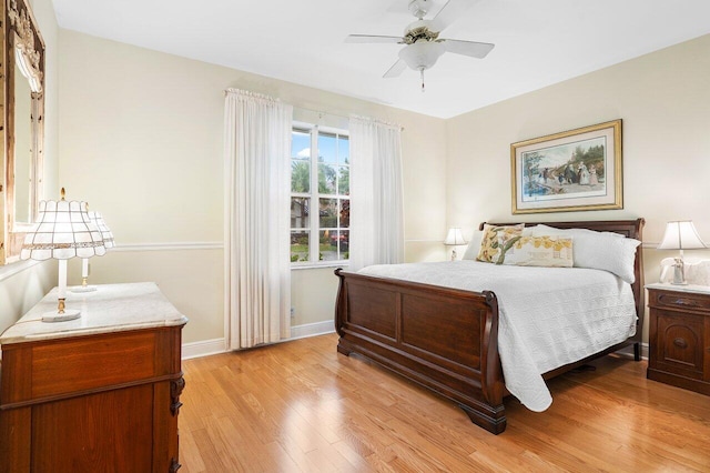 bedroom featuring light hardwood / wood-style floors and ceiling fan