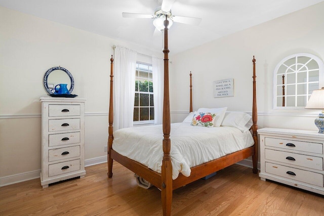 bedroom featuring ceiling fan and light hardwood / wood-style flooring