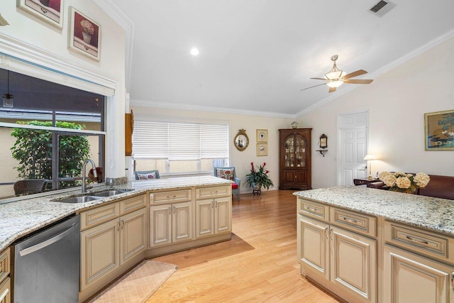 kitchen with a healthy amount of sunlight, stainless steel dishwasher, sink, and light hardwood / wood-style flooring