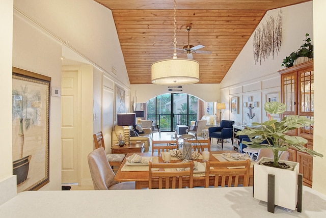 dining space with wood ceiling, high vaulted ceiling, and ceiling fan