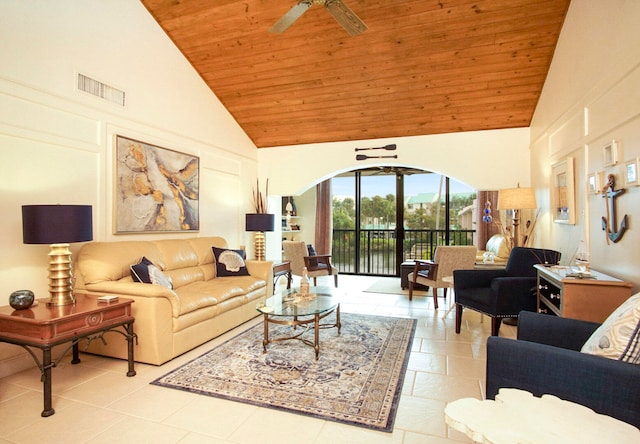 living room featuring ceiling fan, wood ceiling, light tile patterned floors, and high vaulted ceiling