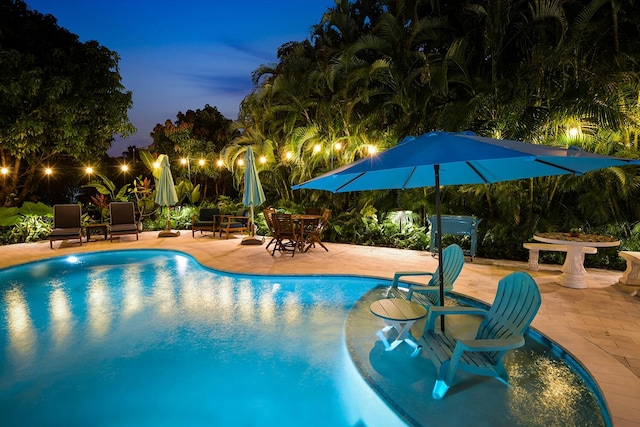 pool at dusk with a patio