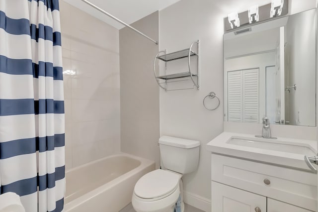 full bathroom with shower / bath combination with curtain, vanity, and toilet