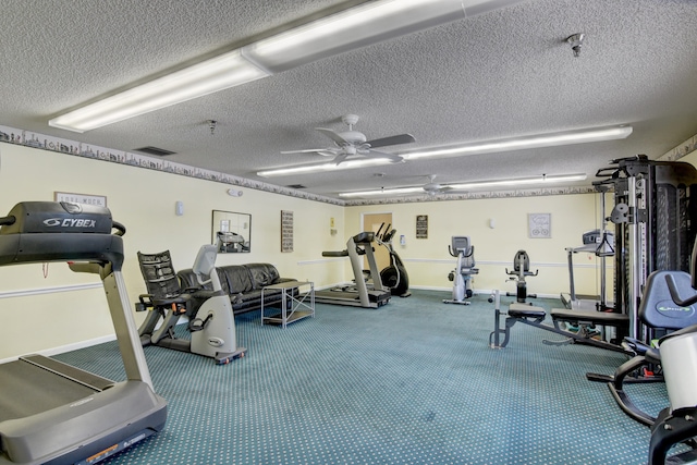 gym featuring ceiling fan and a textured ceiling