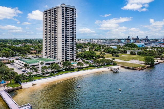 birds eye view of property featuring a water view