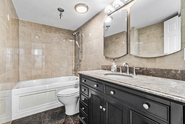 5600 N Flagler Dr Unit 505, West Palm Beach, FL 33407 - bathroom with tile walls, toilet, shower / washtub combination, and vanity