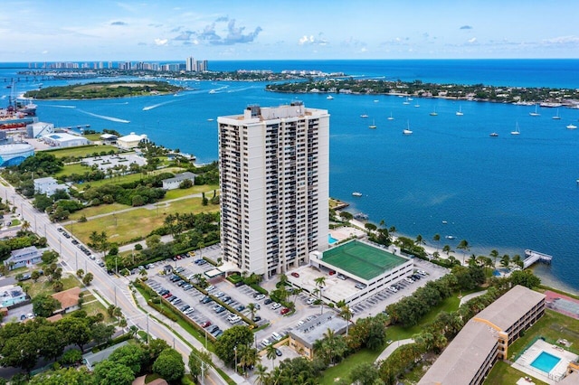 drone / aerial view featuring a water view