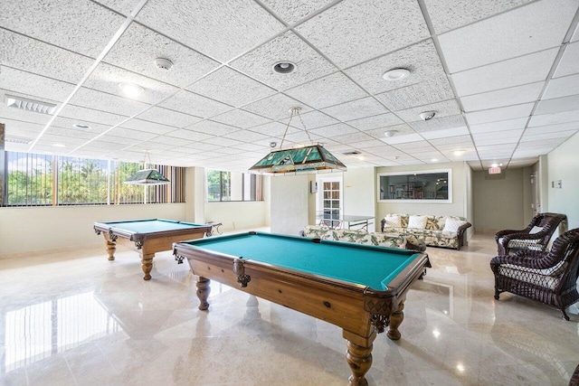 rec room with pool table and a paneled ceiling