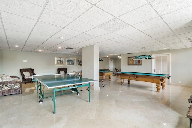 recreation room with a drop ceiling and billiards