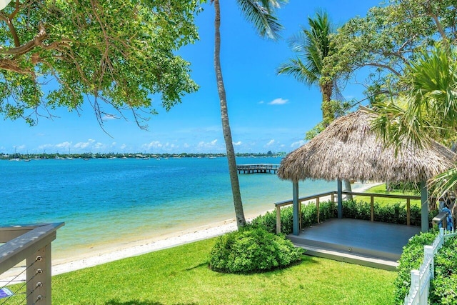 view of water feature with a beach view