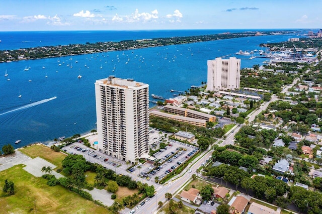 aerial view featuring a water view