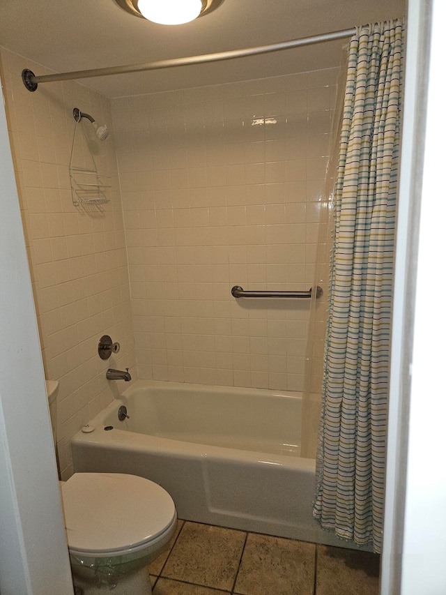 bathroom with shower / bath combination with curtain, toilet, and tile patterned floors