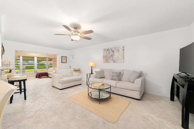 living room featuring crown molding, light tile patterned floors, and ceiling fan