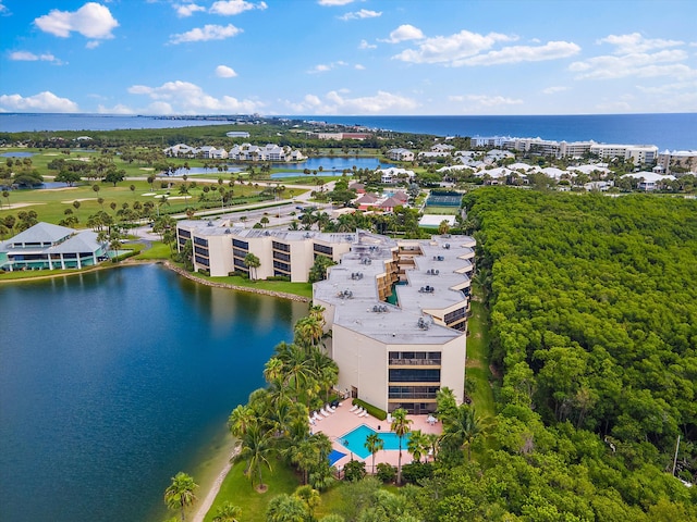 drone / aerial view with a water view