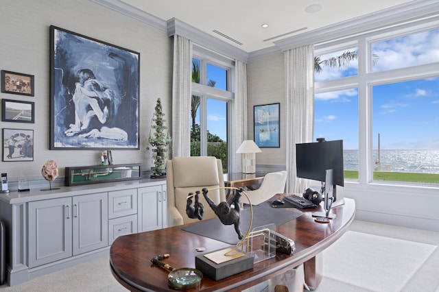 carpeted office featuring a wealth of natural light and ornamental molding