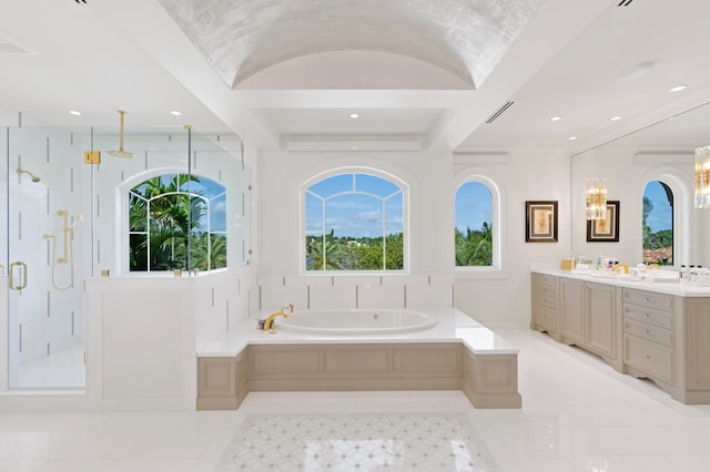 bathroom with vanity, separate shower and tub, tile patterned floors, and plenty of natural light