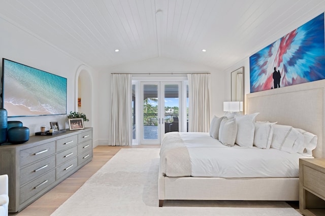 bedroom featuring french doors, access to outside, wooden ceiling, vaulted ceiling, and light hardwood / wood-style floors