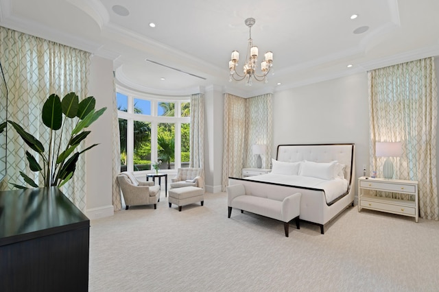 bedroom with crown molding, a notable chandelier, and carpet flooring