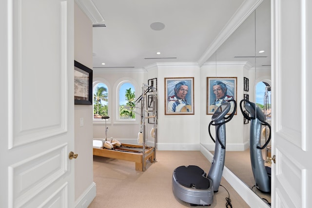 exercise area with ornamental molding and light colored carpet